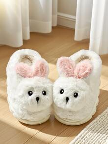 HAHABOBO Children's White Plush Rabbit Slippers, Pink Ears Warm Fleece Lining Winter House Shoes - White - View 5