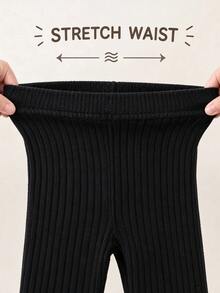 1pc Kids Fashion Autumn/Winter Warm Fitted Leggings, Knitted Fabric Solid Color Ribbed Cropped Length Pants For Dance Practice, Suitable For Girls And Infants - Black - View 6