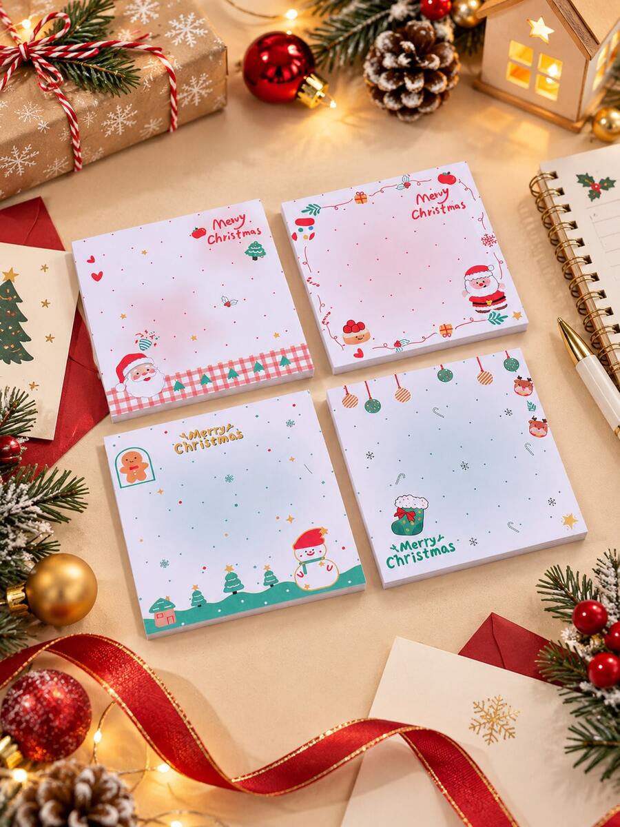 80 Sheets/Pack Happy Christmas Pattern Sticky Notes, 4-Style Pattern Design Portable Stationery, Self-Adhesive Notepad - Christmas Gift For Friends - one-size - View 1