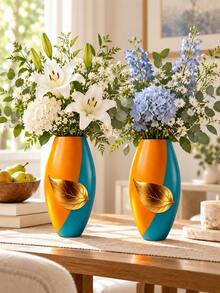 1pc Contemporary Color Block Vase With Gold-Tone Leaf Detail, Decorative Flower Vase And Tabletop Centerpiece For Living Room, Bedroom, Office, Bookshelf, Coffee Table, Entryway Home Decor - A - View 6