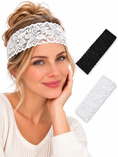 2pcs Lace Wide Headbands, Exquisite Floral Hollow Texture, Soft And Elastic, Wide Design Naturally Wraps Around Head, Simple White And Classic Black Combination, Elegant Vintage And Fresh Sweet, Easily Matches Different Hairstyles And Outfits, Suitable For Daily Outings, Dates, Gatherings, Photoshoots And Holiday Looks