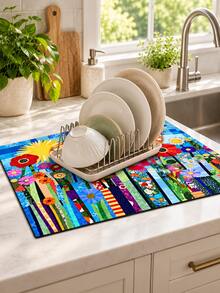 1pc Colorful Floral Patchwork Kitchen Dish Drying Mat, Rectangular Absorbent Countertop Mat, Garden Sunflower Art Pattern Sink Mat Coffee Machine Mat, Spring Summer Kitchen Dining Room Home Decor - Multicolor - View 5