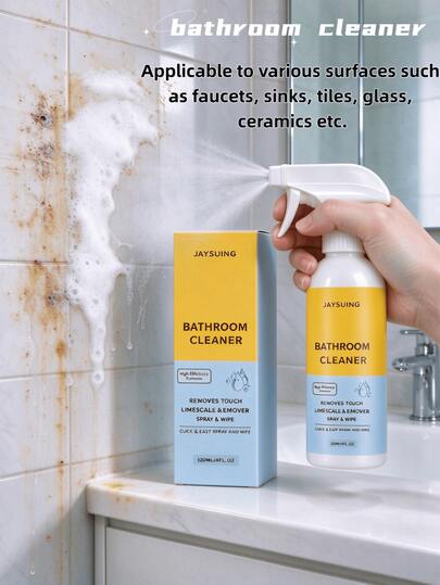 JAYSUING 1 pieza Limpiador de baño de 120ml, elimina la cal, las manchas de agua y los depósitos minerales, restaura el brillo del metal y el vidrio. Agite bien antes de usar, rocíe sobre las manchas, deje actuar por un momento, limpie y enjuague. Adecuado para grifos, lavabos, azulejos, vidrio y cerámica, suministros de limpieza de baño para el hogar, regalo práctico para Navidad y Halloween