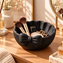1pc Bowknot Decor Storage Bowl, Wavy Edge Resin Jewelry Tray, Aesthetic Desktop Vanity Organizer, Suitable For Cosmetics, Hair Accessories And Small Trinkets - View 3