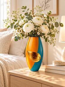 1pc Modern Color Block Decorative Vase With Gold Leaf Accent, Artistic Tabletop Vase For Living Room, Bedroom, Office Desk, Bookshelf, Entryway, Dining Table Centerpiece Home Decor - 1PC - View 3