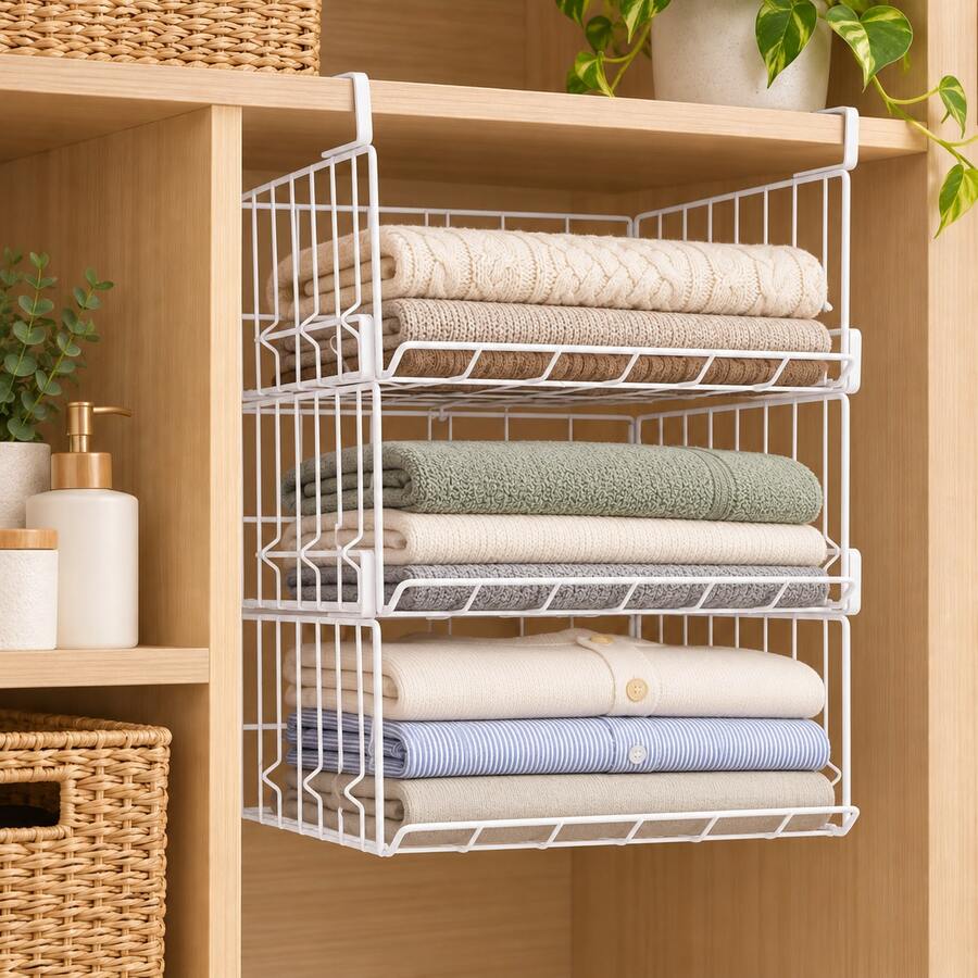 Set Perlengkapan Penyimpanan Lemari 3 Bagian, Keranjang Kawat Logam yang Dapat Ditumpuk di Bawah Rak, Hitam atau Putih, Kotak Penyimpanan Pakaian Lipat, Cocok untuk Lemari Pakaian Minimalis dan Rumah yang Rapi - View 1