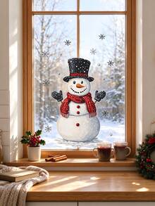 1pc Christmas Snowman And Snowflake Self-Adhesive Wall Sticker - Removable Kitchen, Bathroom, Bedroom With Cartoon Snowman And Red Scarf Design, Bathroom Decor, Cheerful Holiday Theme PVC Sticker, Christmas Decoration Wall Decal - one-size - View 5