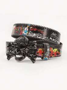 1pc Unisex Multi-Color Large Skull Punk Black Rhinestone Belt, Rhinestone Soldier Belt, Western Cowboy Y2K Fashion Belt, Hip Hop Graffiti - Multicolor - View 30