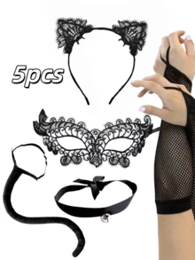 5pcs Black Cat Costume Set, Halloween Mask, Lace Ears, Gloves, Tail, Collar Necklace - Multicolor - View 7