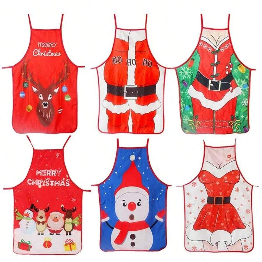 1pc Christmas Series Apron, Cute Christmas Snowman & Reindeer Pattern Apron, Suitable For Christmas Holiday Party Accessory Prop, Random Style And Color - Multicolor - View 1
