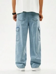Men's Casual Loose Fit Cargo Pocket Wide Leg Jeans - Light Wash - View 2