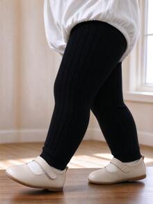 1pc Kids Fashion Autumn/Winter Warm Fitted Leggings, Knitted Fabric Solid Color Ribbed Cropped Length Pants For Dance Practice, Suitable For Girls And Infants - Black - View 9
