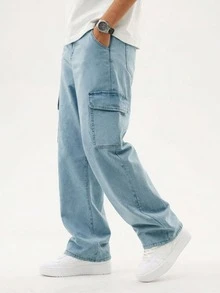 Men's Casual Loose Fit Cargo Pocket Wide Leg Jeans - Light Wash - View 1