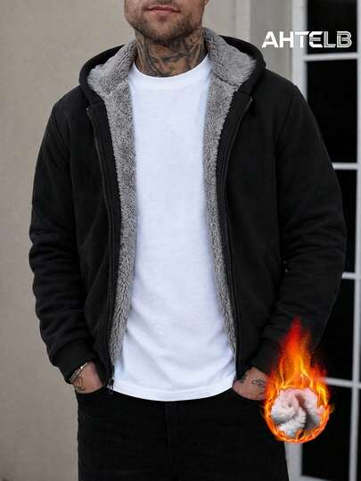 AHTELB Men's Autumn/Winter Street Style Fleece Lined Thick Hooded Sweatshirt, Loose Casual Sports Jacket, Soft Skin-Friendly Comfortable Fleece Lining, Thick Interior Strong Heat Retention, Classic Hood With Adjustable Drawstring, Perfect For Home Leisure, Commuting, Street Photography, Night Running, Weekend Outings, Gift For Husband, Boyfriend, Friend, Father, Sweatshirt For Men,Tracksuits For Men