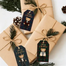24/48pcs Christmas Tuxedo Bear Theme Related Gift Tag Set With Jute Rope, Plaid Gentleman Bear Festive Pattern Design, Perfect For Gift Wrapping, Party Favor, Goodie Bag Decoration Etc - A - View 2