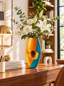 1pc Modern Color Block Decorative Vase With Gold Leaf Accent, Artistic Tabletop Vase For Living Room, Bedroom, Office Desk, Bookshelf, Entryway, Dining Table Centerpiece Home Decor - 1PC - View 4