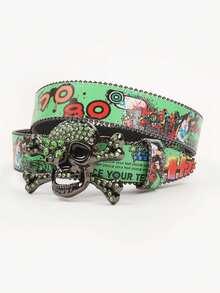 1pc Unisex Multi-Color Large Skull Punk Black Rhinestone Belt, Rhinestone Soldier Belt, Western Cowboy Y2K Fashion Belt, Hip Hop Graffiti - Multicolor - View 21