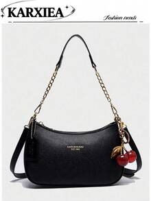 Classic Versatile Letter Graphic Design Solid Color PU Leather Crescent Shoulder/Underarm Bag,  Suitable For Shopping, Can Be Worn Crossbody - Black - View 1