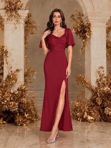Christmas Solid Color Draped Neckline Wrap Split Cocktail Dress - Red - View 1