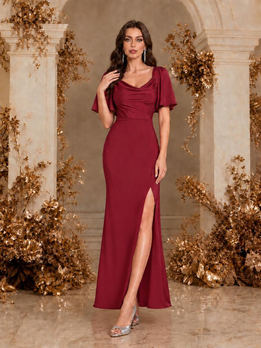 Christmas Solid Color Draped Neckline Wrap Split Cocktail Dress - Red - View 1
