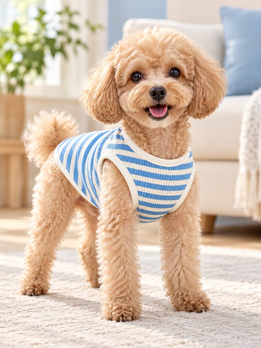 1 buah Tank Top Anjing Bergaris, Kemeja Hewan Peliharaan Tanpa Lengan Bergaris dengan Leher Bulat, Rompi Ringan untuk Sehari-hari untuk Anjing Kecil dan Anak Anjing - Baby Blue - View 1