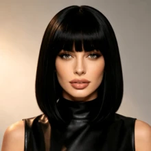Women's 12 Inch Black Bob Wig With Straight Bangs, Natural Look, Suitable For Daily Wear, Holiday Parties, Cosplay - Black - View 2