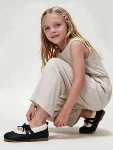 Girls' Bow Fleece Lined Mary Jane Flats, Cross Strap Round Toe Non-Slip Sole, Fall Winter 2026 - Black - View 4