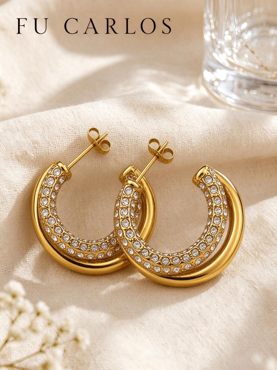 1 Pair Hoop Earrings, 304 Stainless Steel Gold Rhinestone Chunky C-Shaped Hoops, Party Wedding For Women, Statement Jewelry Gift Diamond Earrings Halloween Women's Earrings - Sparkling Diamond Earrings - View 1