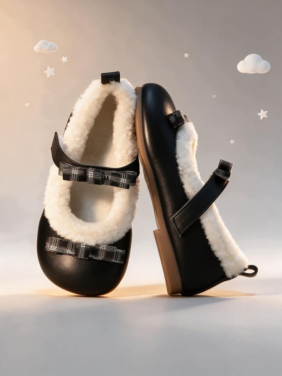 Girls' Plaid Bow Fleece Lined Mary Jane Flat Shoes, Hook And Loop Soft Sole, 2026 Autumn/Winter - Black - View 1