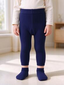 1pc Kids Fashion Autumn/Winter Warm Fitted Leggings, Knitted Fabric Solid Color Ribbed Nine-Length Dance Practice Tights, Suitable For Girls And Babies, Essential For Autumn/Winter Halloween And Christmas Outfits - Navy Blue - View 4