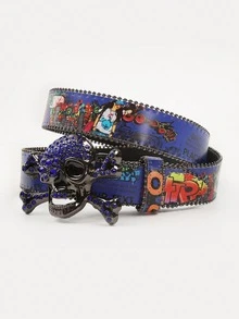 1pc Unisex Multi-Color Large Skull Punk Black Rhinestone Belt, Rhinestone Soldier Belt, Western Cowboy Y2K Fashion Belt, Hip Hop Graffiti - Multicolor - View 18