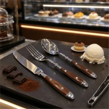 Stainless Steel Tableware Set, Light Luxury High-End Stainless Steel Table Knives, Forks, Spoons, Salad Forks, Teaspoons, Ice Cream Spoons, High-Value Practical Household Restaurant Wooden Handle Knives, Forks, Spoons - View 6