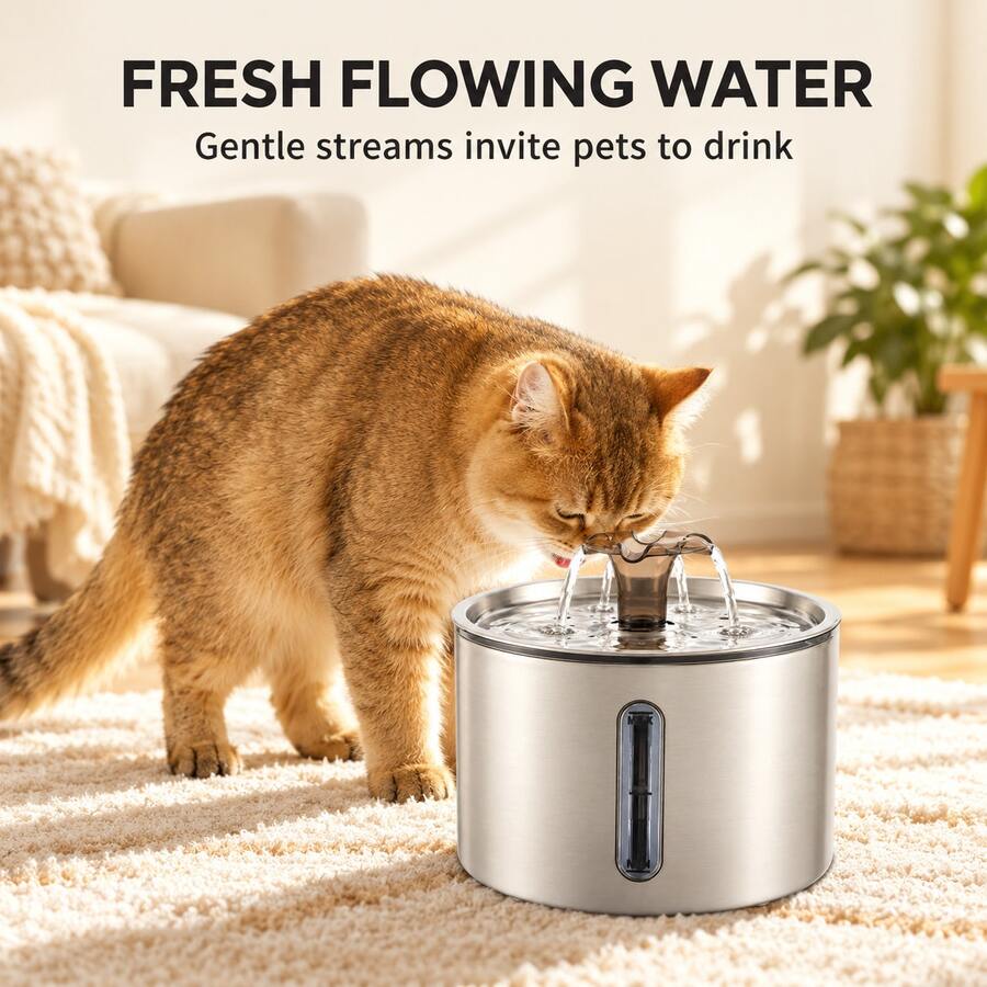 Pet Water Fountain 304 Stainless Steel Round See-Through Window Cat Water Dispenser Automatic Drinking Smart Running Water Supplies - 2.5L - View 1