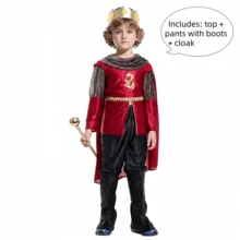 儿童/男士国王角色扮演服装，带皇冠中世纪王子国王套装，适合节日派对舞台表演 - 彩色 - 查看 10