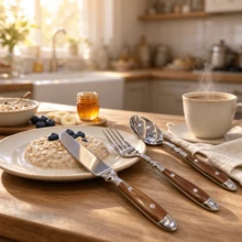 Stainless Steel Tableware Set, Light Luxury High-End Stainless Steel Table Knives, Forks, Spoons, Salad Forks, Teaspoons, Ice Cream Spoons, High-Value Practical Household Restaurant Wooden Handle Knives, Forks, Spoons - View 7
