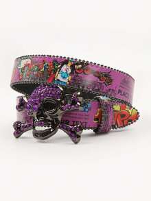1pc Unisex Multi-Color Large Skull Punk Black Rhinestone Belt, Rhinestone Soldier Belt, Western Cowboy Y2K Fashion Belt, Hip Hop Graffiti - Multicolor - View 23