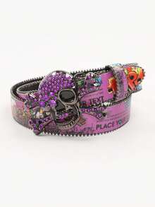 1pc Unisex Multi-Color Large Skull Punk Black Rhinestone Belt, Rhinestone Soldier Belt, Western Cowboy Y2K Fashion Belt, Hip Hop Graffiti - Multicolor - View 14
