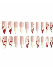 Monina Dark Night Red Maple Style 24pcs Hand-Painted Pentagram Long Pointed Exquisite Fake Nails With Rivet Accents, Red Maple Fallen Leaf Atmosphere, High-End Fashion Versatile Autumn/Winter Wearable Nails For Home And Party - Red Violet - View 3