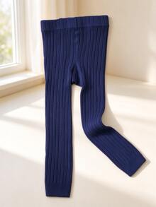 1pc Kids Fashion Autumn/Winter Warm Fitted Leggings, Knitted Fabric Solid Color Ribbed Nine-Length Dance Practice Tights, Suitable For Girls And Babies, Essential For Autumn/Winter Halloween And Christmas Outfits - Navy Blue - View 7