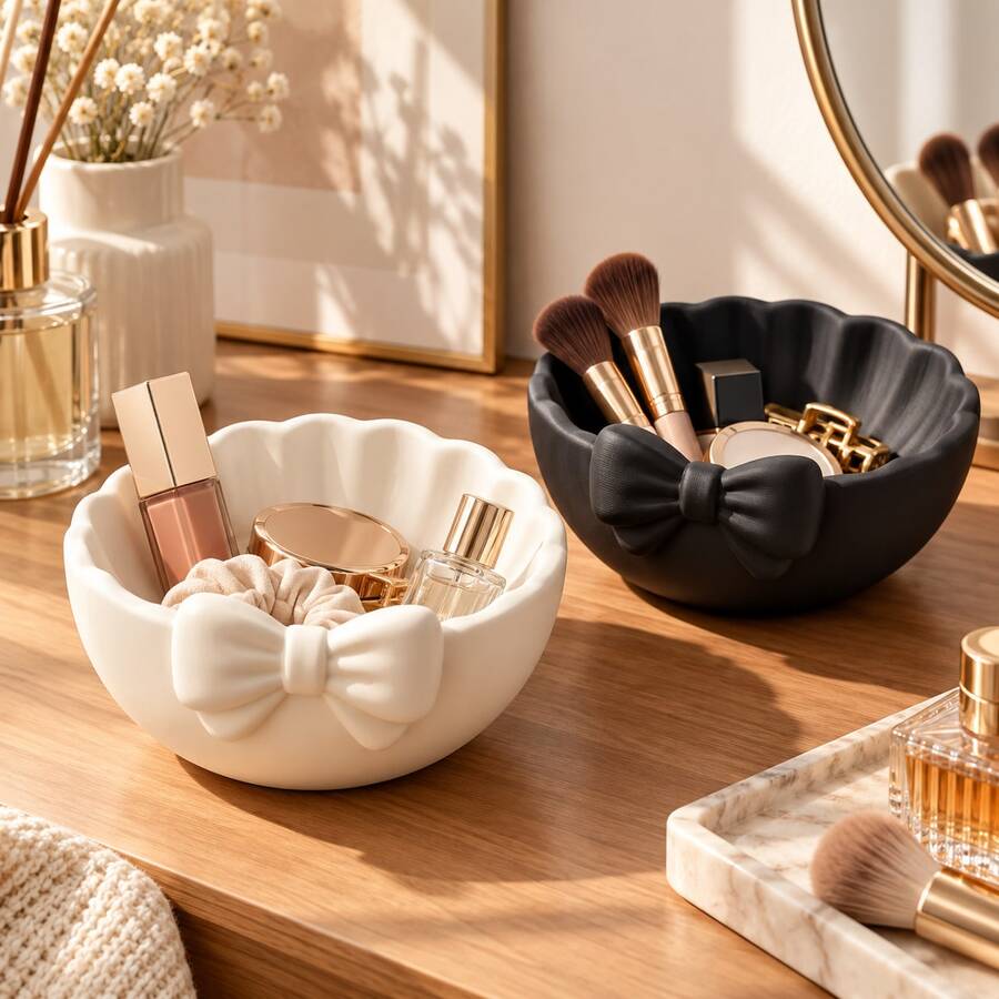 1pc Bowknot Decor Storage Bowl, Wavy Edge Resin Jewelry Tray, Aesthetic Desktop Vanity Organizer, Suitable For Cosmetics, Hair Accessories And Small Trinkets - View 1