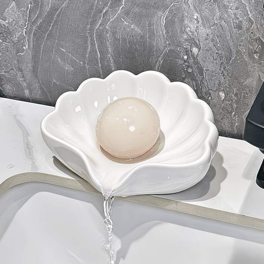 1 Piece Nordic-Style Seashell-Shaped Soap Dish, Multifunctional Cosmetic And Jewelry Storage Tray, White Desktop Decor, Bathroom Accessory, Non-Slip Soap Rack, Dressing Table Surface Storage, Minimalist Home Decor, Essential Bathroom Soap Holder