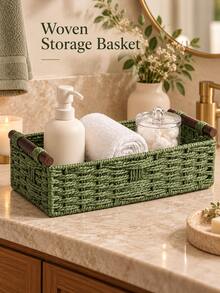 Green Woven Storage Basket With Wooden Side Handles, Rectangular Woven Countertop Storage Bin, Decorative Home Storage Container, Suitable For Bathroom Countertop, Bedside Table, Shelves, Used For Organizing Toiletries, Towels, Cosmetics And Various Household Items - Multicolor - View 4