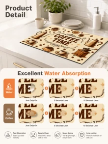 1pc Coffee Bean Print Absorbent Dish Drying Mat, Kitchen Sink Mat, Coffee Machine Mat, Dishwashing Mat, Countertop Protector Mat, Suitable For Cups, Plates, Tableware And Home Kitchen Decor - Multicolor - View 8