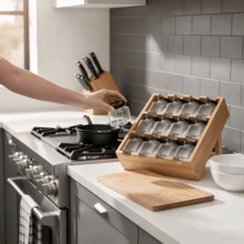 A Rotating Bamboo Spice Rack Set Featuring Multiple Glass Jars With Airtight Metal Lids; A Countertop Organizer Suitable For Storing A Variety Of Seasonings And Spices In The Home Kitchen. - Multicolor - View 2