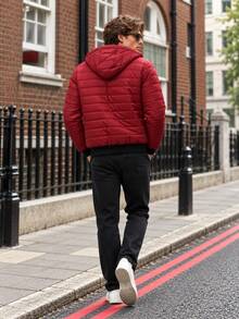 Men's Hooded Quilted Padded Jacket With Zip Pockets & Ribbed Trim, Casual Lightweight Outerwear - Redwood - View 3