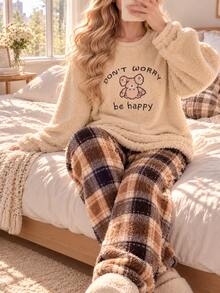 2pcs/Set Women's Long Sleeve Pants Loungewear Set, Cute Bear Embroidery Print, Bear Plush Round Neck Top, Comfortable Set With Plaid Straight Leg Pants, Suitable For Autumn/Winter - Apricot - View 3