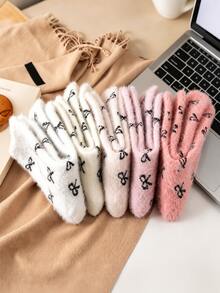 1/5 Pairs Women's Plush Mid-Calf Socks, Random Styles, Cute Bow Design ...