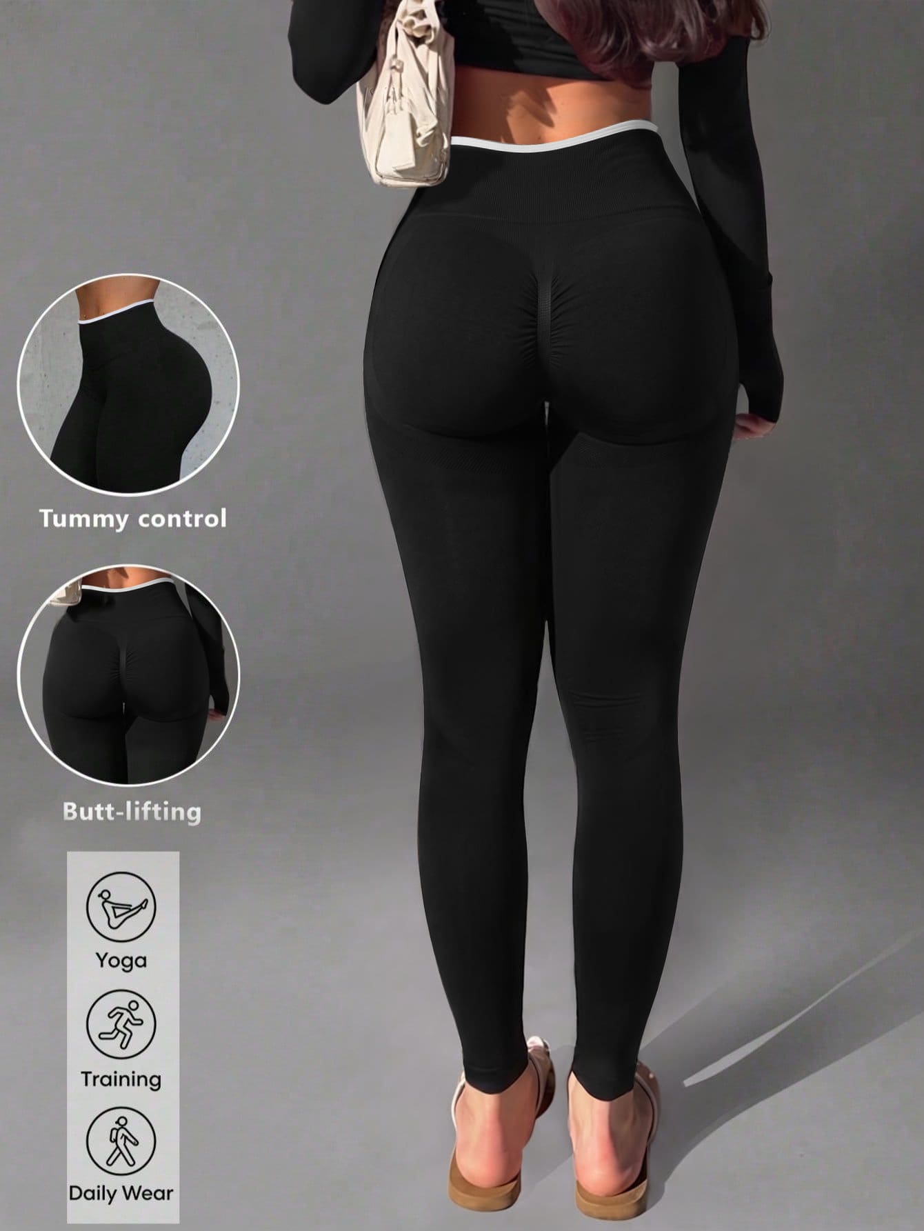 Ruched Butt-Lifting Tight Pants, Contrast Color Trim, High Elasticity, Seamless, Suitable For Sports And Daily Wear - Black - View 1