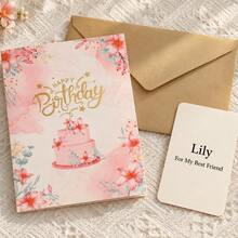 1pc Customized 3D Flower Butterfly Greeting Card, Customizable Text Message, Pink Floral Pop-Up Card, Creative Paper Carving 3D Birthday Card, Foldable Blessing Card, Exquisite Floral Pattern, Comes With Envelope, Suitable For Birthday, Wedding, Anniversary, Holiday Greetings, Thank You And Daily Gifts - Multicolor - View 4