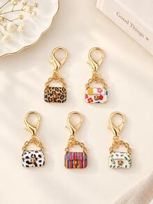 5/10pcs Mini Alloy Bag Charm Keychain Pendant, Leopard, Floral, Plaid, Rainbow Print, Lobster Clasp, Sweet Style DIY Accessory - Multicolor - View 12